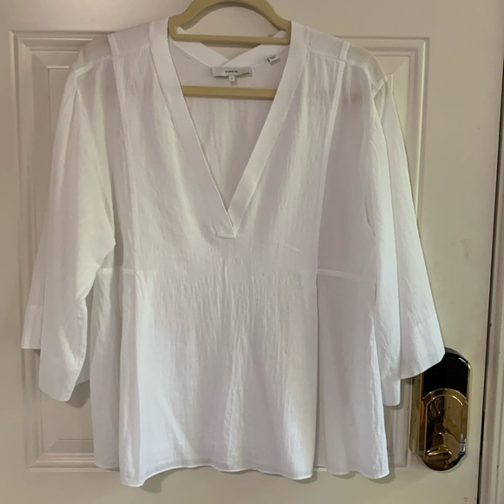 Vince White V Neck Blouse with Inset Panel front and back Sz S